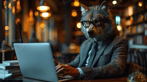 A businessman with a wolf's head in a business suit and tie, wearing glasses on a blurred background. Wolf character