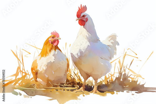 White chickens in sunlight watercolor illustration. Proud rooster and hen on straw isolated on white background. Barnyard fowl and sustainable agriculture concept. © NeuroCake