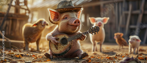 Chubby piglet with a banjo, wearing a country hat, performing at a barn dance with other farm animals photo