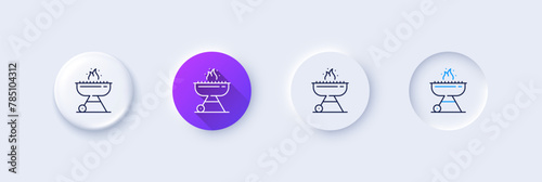 Grill line icon. Neumorphic, Purple gradient, 3d pin buttons. Barbecue cooker for cooking food sign. Meat brazier with fire symbol. Line icons. Neumorphic buttons with outline signs. Vector