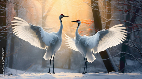 Pair of regal red-crowned cranes gracefully dancing in a serene forest glade, their elegant movements a mesmerizing spectacle.