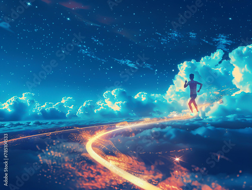 Little athlete running on a track that spirals into the sky  with shoes leaving a trail of stars  under an audience of clouds