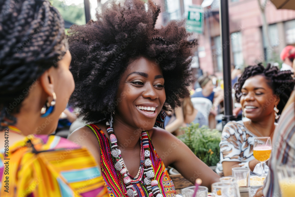 Group of friends having fun together in a street cafe in New York City. Beautiful african american women with curly hair in focus.
Group of friends having fun together in a street cafe in New York City. Beautiful african american women with curly hair in focus.