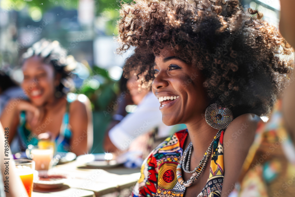 Group of friends having fun together in a street cafe in New York City. Beautiful african american women with curly hair in focus.
Group of friends having fun together in a street cafe in New York City. Beautiful african american women with curly hair in focus.