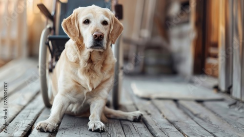 Senior Labrador retriever with a disability sitting on a wooden porch. Pet care and old age concept