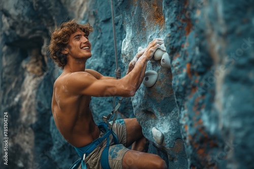 Focused male climber gripping holds
