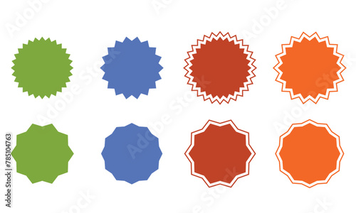 Set of vector stars, sunburst icons without outline and with outline, sharp corners. Colored on white. Simple vintage flat style labels, stickers. Design elements. 