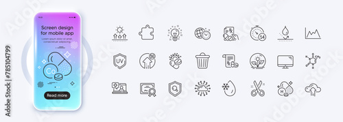 Cloud upload, Chemical formula and Coronavirus pills line icons for web app. Phone mockup gradient screen. Pack of Time management, Quarantine, Computer pictogram icons. Vector