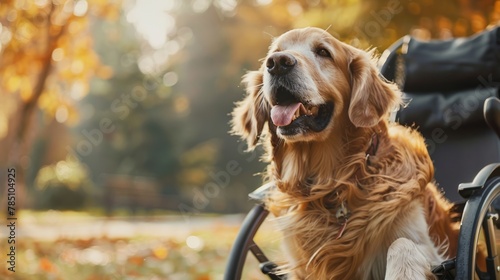 Assistance dog in a wheelchair enjoying autumn park. Golden retriever with disability aid device.