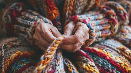 A close up of an elderly person's hands knitting a colorful scarf.
