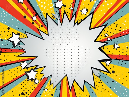 Gray background with a white blank space in the middle depicting a cartoon explosion with yellow rays and stars. The style is comic book