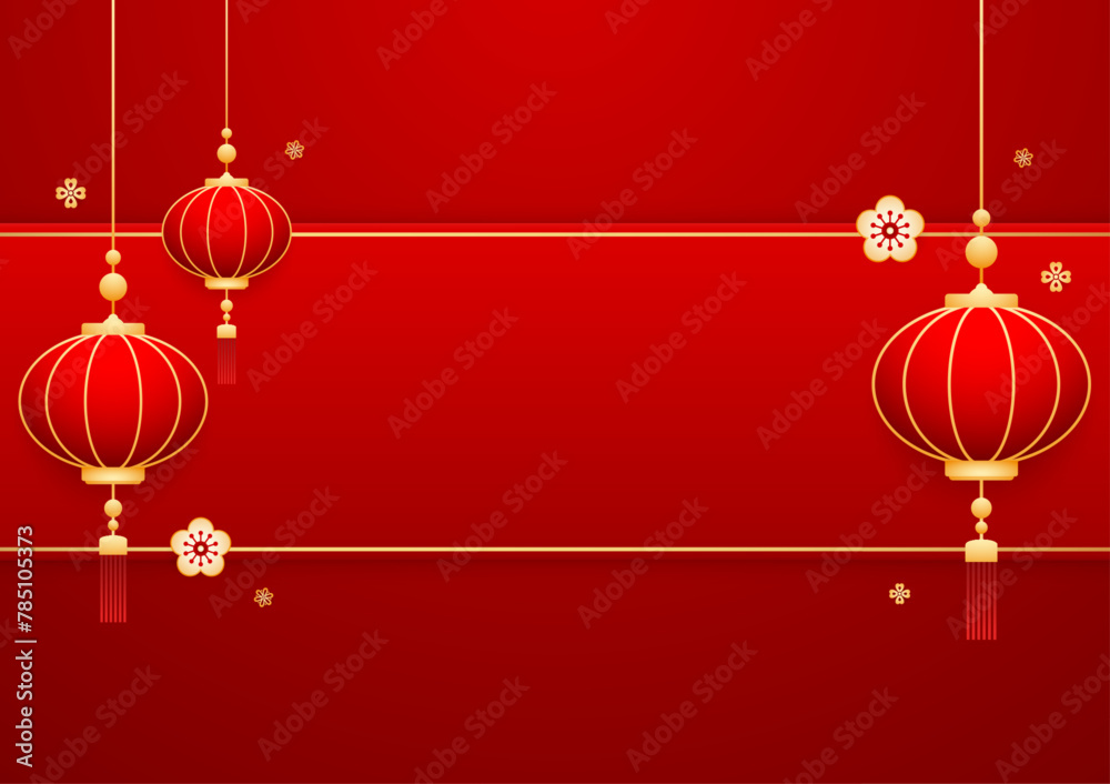 Happy Chinese new year 2025. Chinese new year banner with circle for show product. Greeting card. China frame with lantern on red background.