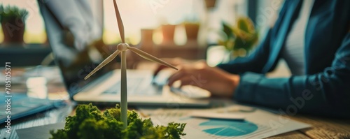 Model wind turbine on desk with business analytics graphs and person. Sustainable energy concept photo