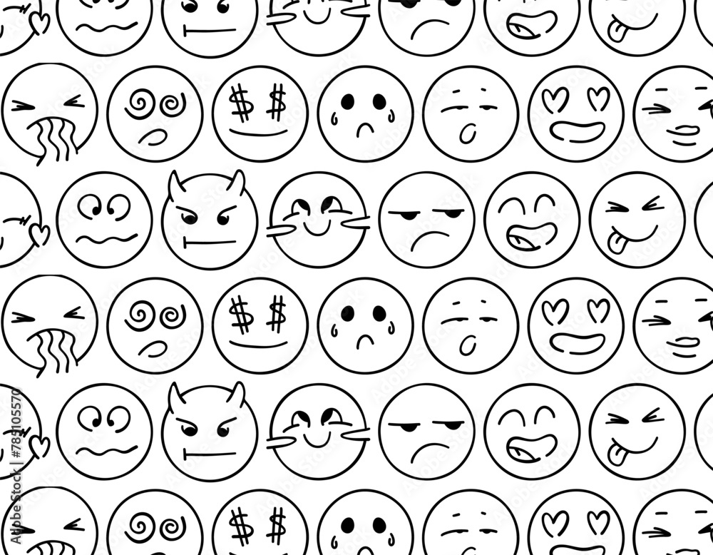 Pattern doodle emotions emoji. Doodle of cute emotions on a white background. Vector illustration. A pack of different emoticon expressions Pattern doodle emotions emoji. Doodle of cute emotions on a white background. Vector illustration. A pack of different emoticon expressions