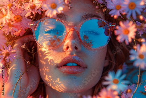 A woman with sunglasses with flowers. Spring. Summer vibes. AI Generated © Aitana