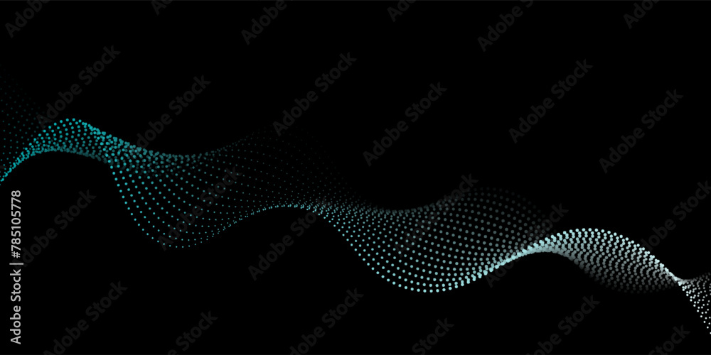 Flowing dot particles light wave pattern halftone blue and green gradient smooth curve shape isolated on black background. Vector Flowing dot particles light wave pattern halftone blue and green gradient smooth curve shape isolated on black background. Vector