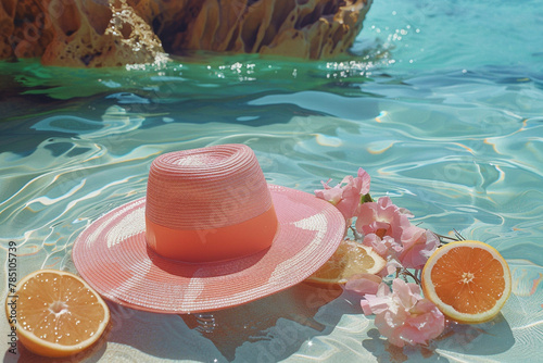 Summer vacation. Hat and oranges in the tropical sea. AI Generated