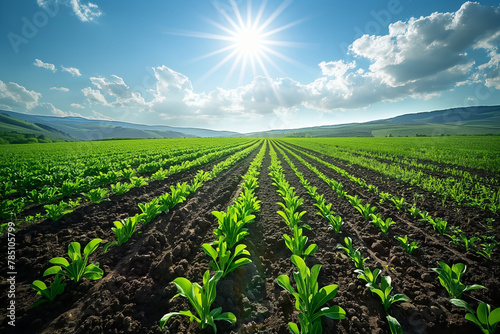 Young Green Plants in Rows Under Sunny Sky photo