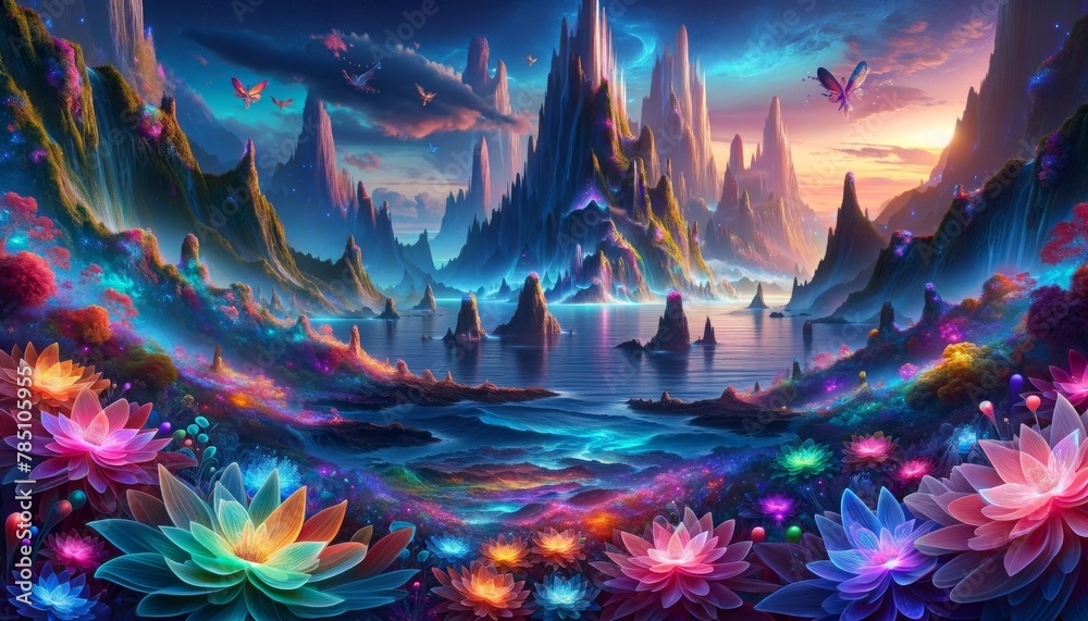A fantasy landscape integrating mystical ocean, mountains, and flowers