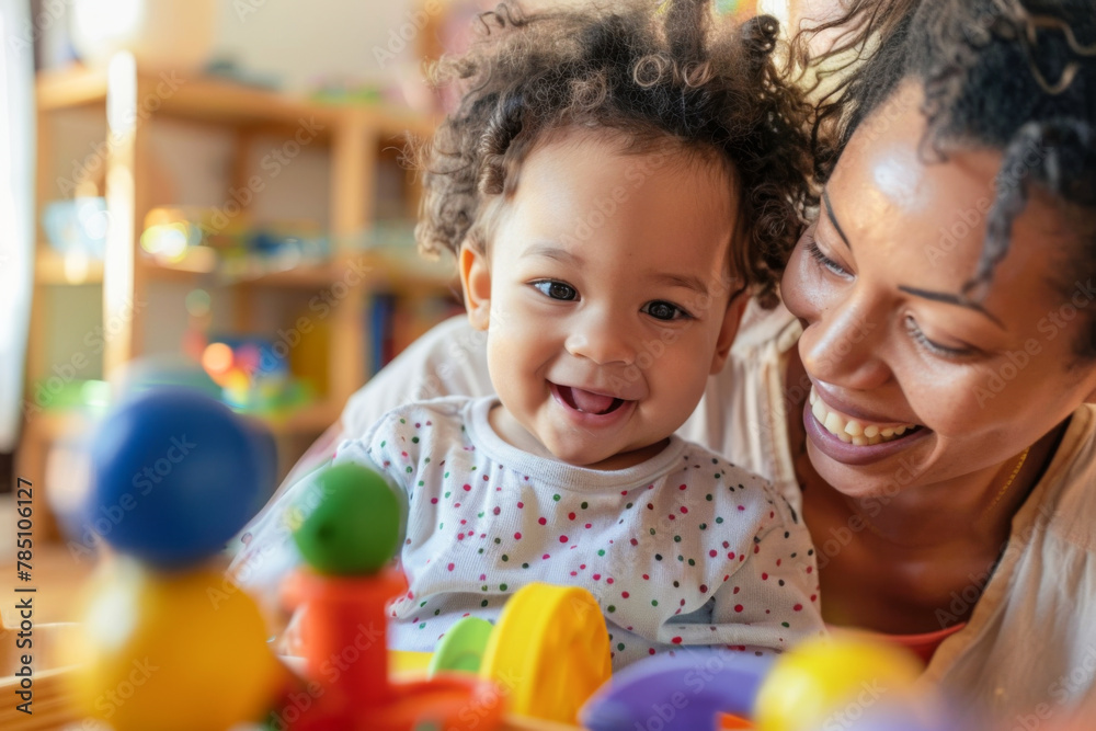 Portrait of happy mother and daughter playing with toys in the nursery
Portrait of happy mother and daughter playing with toys in the nursery