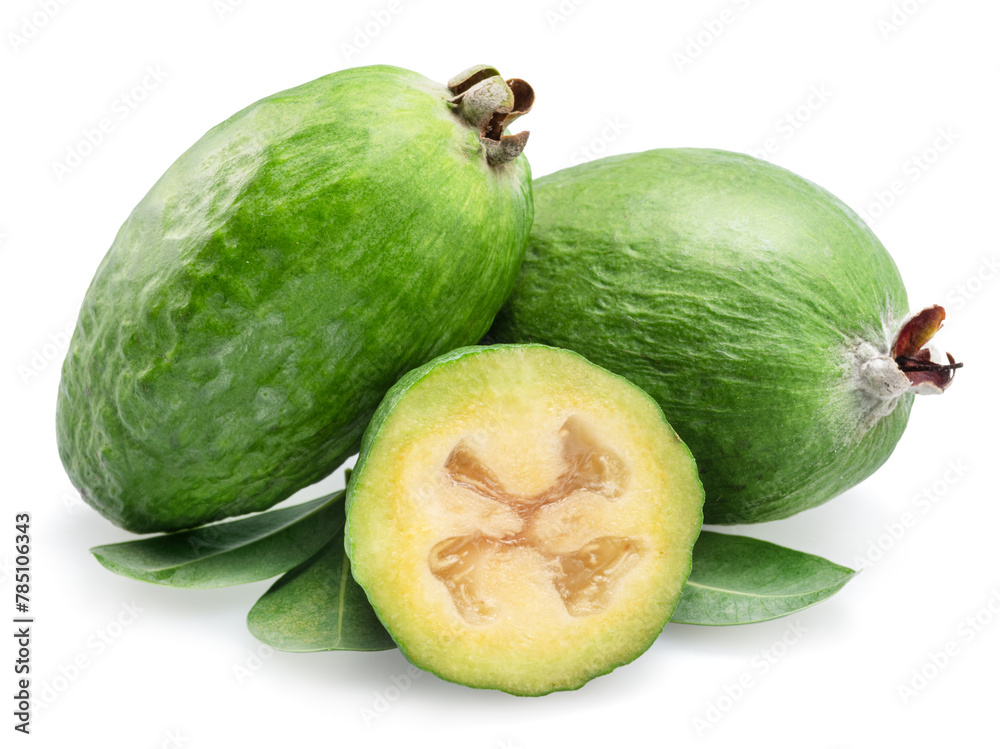 Feijoa fruits with leaf and slice of feijoa isolated on white background. Feijoa fruits with leaf and slice of feijoa isolated on white background.