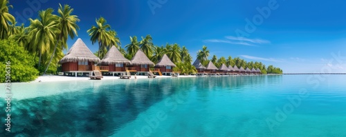 Dreamy tropical destination with pristine white sand, palm-lined shores, and sunbeds by the turquoise sea.. photo
