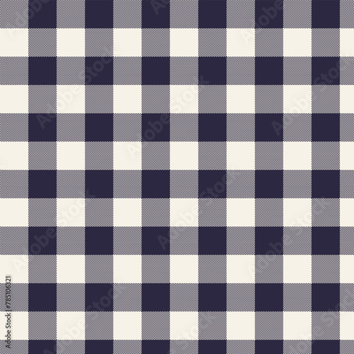 Seamless pixel and checkered patterns in dark blue and beige for textile design. Gingham pattern with square-shaped graphic background for a fabric print. Vector illustration.