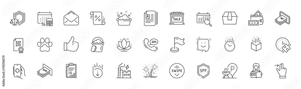 Loan percent, Scroll down and Woman read line icons. Pack of Time, Electricity factory, Milestone icon. 24h service, Spf protection, Search calendar pictogram. Cv documents. Line icons. Vector