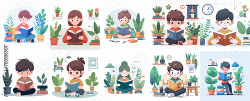 Vector set of kid reading a book with flat design style and plant background