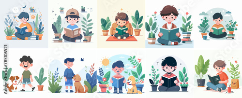 Vector set of kid reading a book with flat design style and plant background © Sabiqul Fahmi
