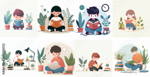 Vector set of kid reading a book with flat design style and plant background © Sabiqul Fahmi