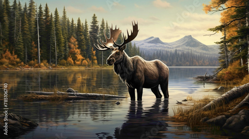Majestic moose standing at the edge of a tranquil forest lake, its impressive antlers reflected in the still water, a symbol of strength and grace. © Shani