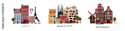 Set of beautiful vintage colored buildings of different cities, Paris, Barcelona and Amsterdam,  vector travel illustration, detailed monuments silhouette