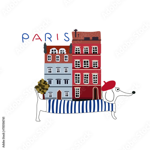 Beautiful vintage colored buildings of Paris, vector travel poster with dachshund dog, Paris detailed monuments silhouette, Eiffel Tower, cute dog in a red beret and a striped sweater