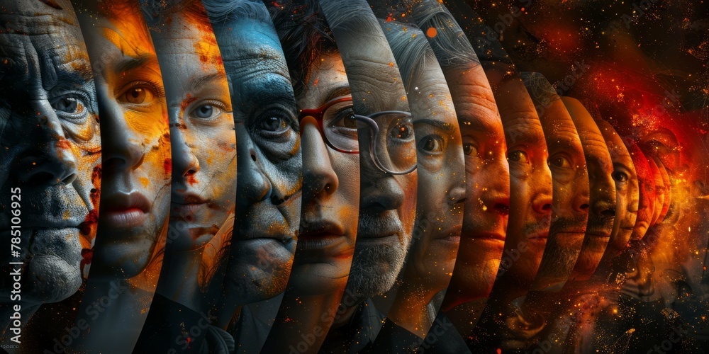 Composite image of a group of people with faces painted in different colors