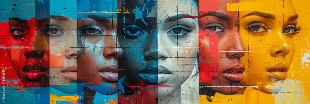 Obraz premium Collage of portraits of women with different nationalities painted on the wall