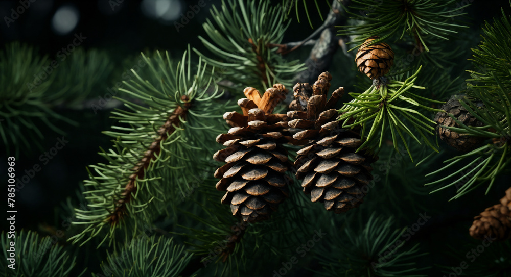 a pine cone is hanging from a tree branch with needles and needles on it, and a dark background