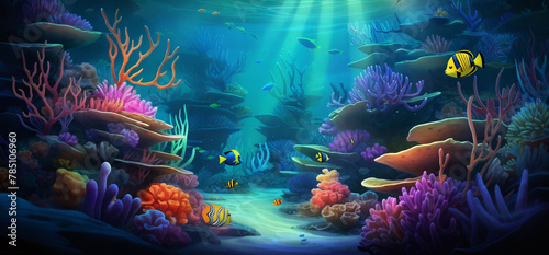a painting of a underwater scene with corals and fish in the water and sunlight coming through the water