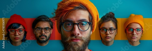 Portrait of a young man with a beard and glasses on a colored background.