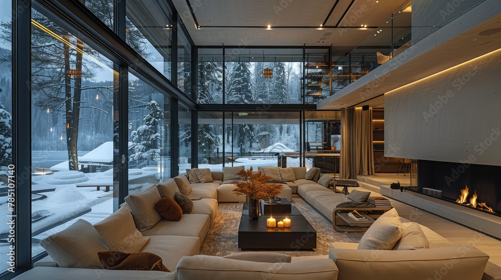 Obraz premium The villa is very tall and has a strong sense of depth. A large living room with comfortable sofas, a TV and fireplace, with floor-to-ceiling windows showing snow outside at night. Generative AI.