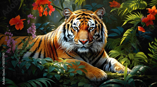 Majestic Bengal Tiger resting in the dappled sunlight  surrounded by lush green foliage and vibrant flowers.