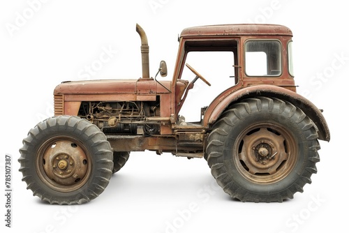 Side view of an old, weathered tractor with rusty patina, isolated on a white background.