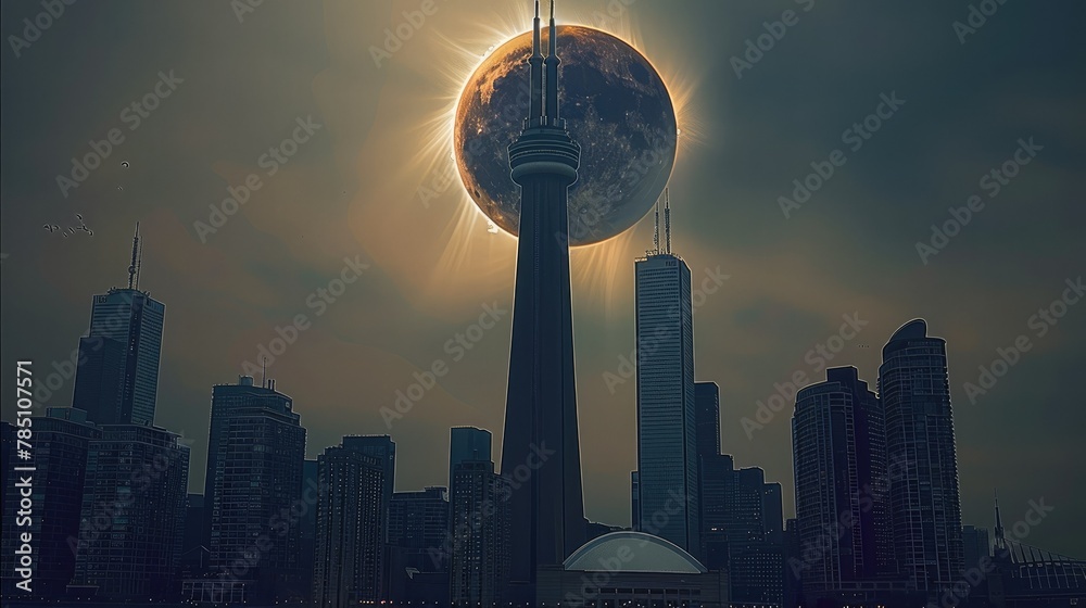 Obraz premium Solar eclipse over tower at city. Generative AI.
