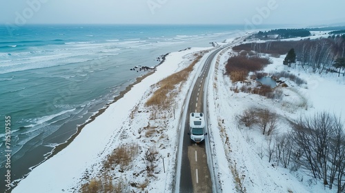 motorhome rides along the road along the coast of the sea in winter, aerial view