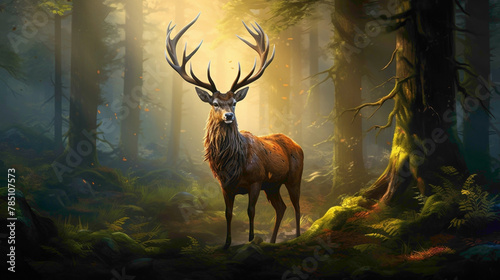 Magnificent stag with impressive antlers standing proudly in a sun-dappled clearing, a symbol of strength and beauty.