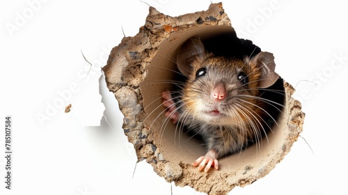 A mouse stuck its head through a hole in a white background wall.