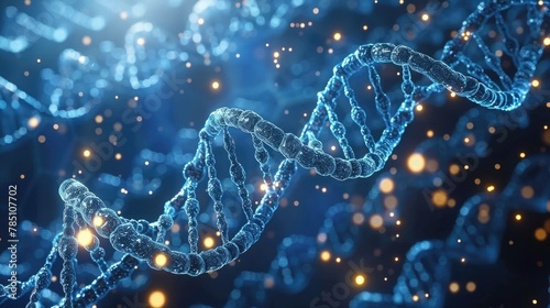 DNA damage. Genetic diseases. Scientists examine the damaged helix through a magnifying glass. Engineering manipulations and research with genes and the basis of rare deviations.