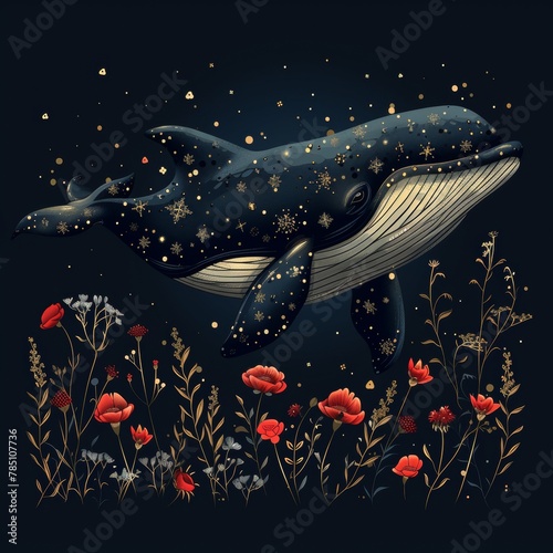 The design of a cheerful modern whale is accompanied by decorative elements and a banner photo