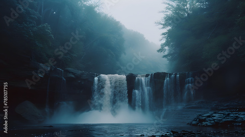 Misty morning shot of waterfall with fog in nature landscape