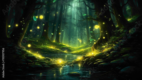 Luminous fireflies creating a magical spectacle in the moonlit forest, their gentle glow illuminating the darkness. photo